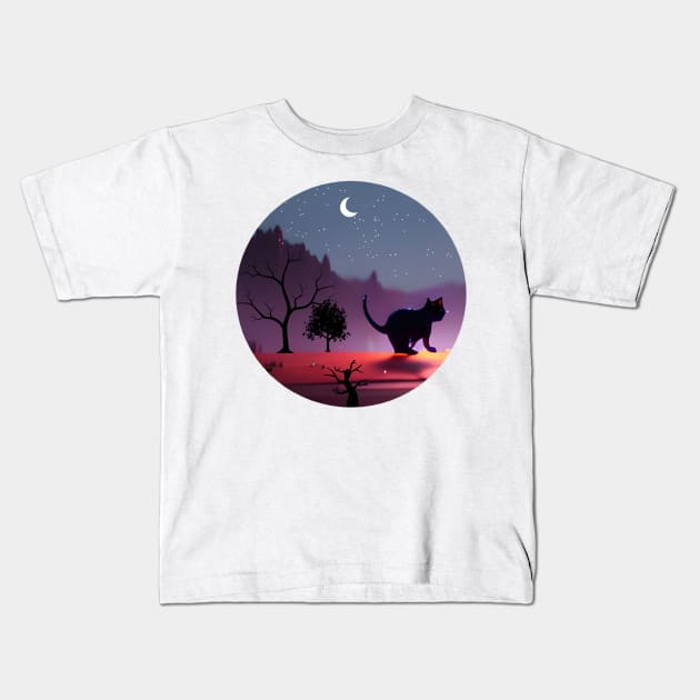 Silueta de gato bajo la luna Kids T-Shirt by WilsonQR